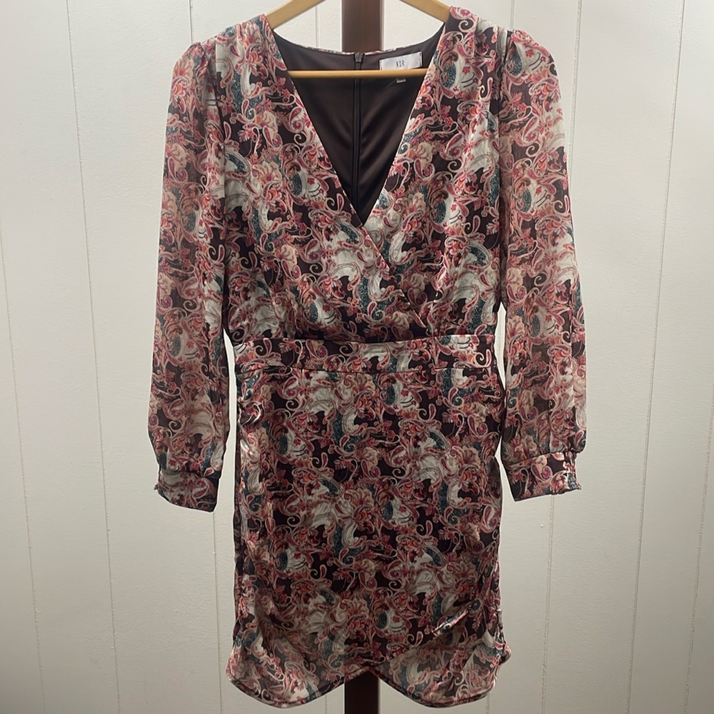 NSR Paisley Long Sleeve Ruched Faux Wrap Dress